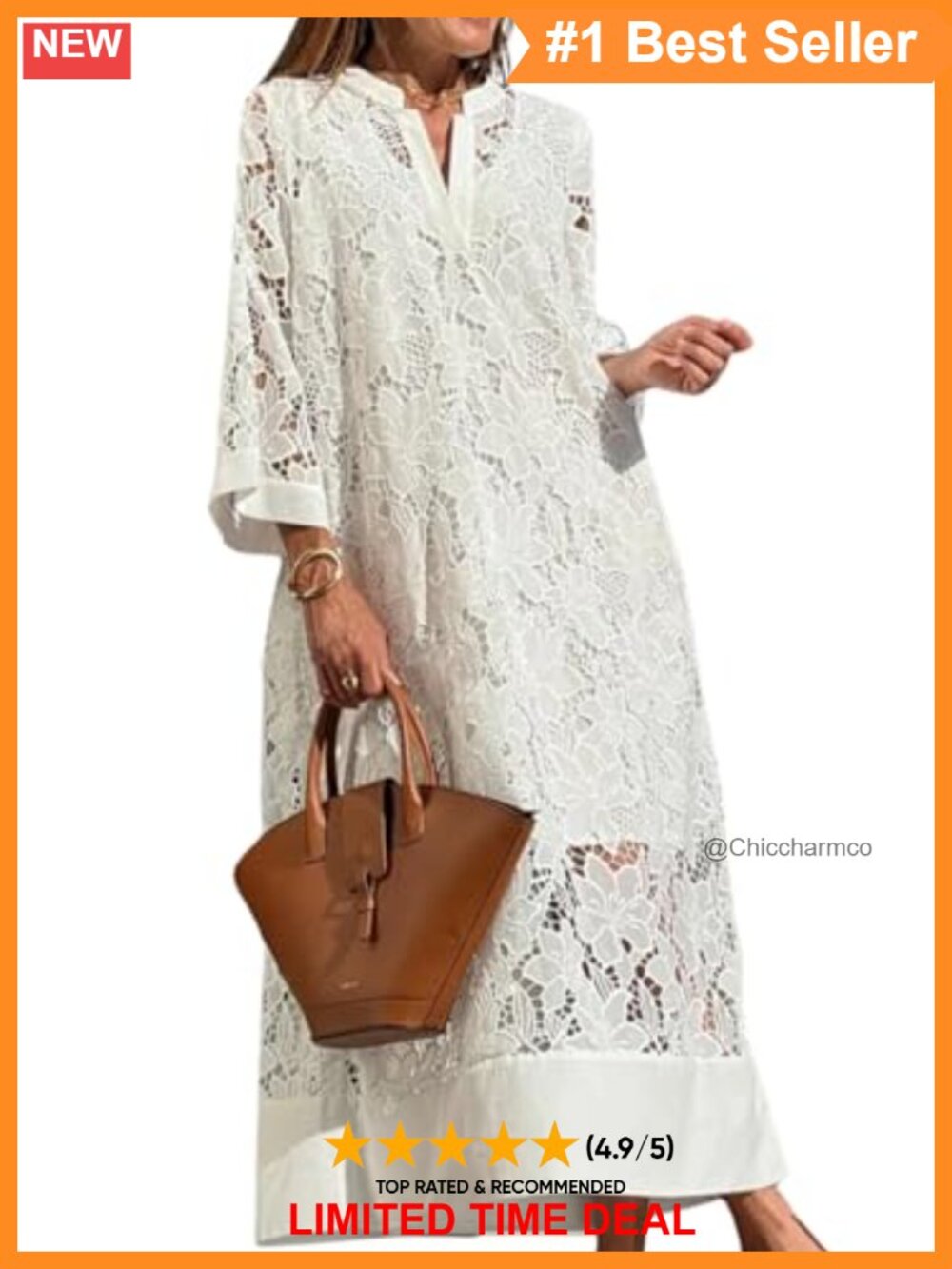 Boho Crochet Lace Maxi Dress 3/4 Sleeve V Neck Eyelet Embroidered